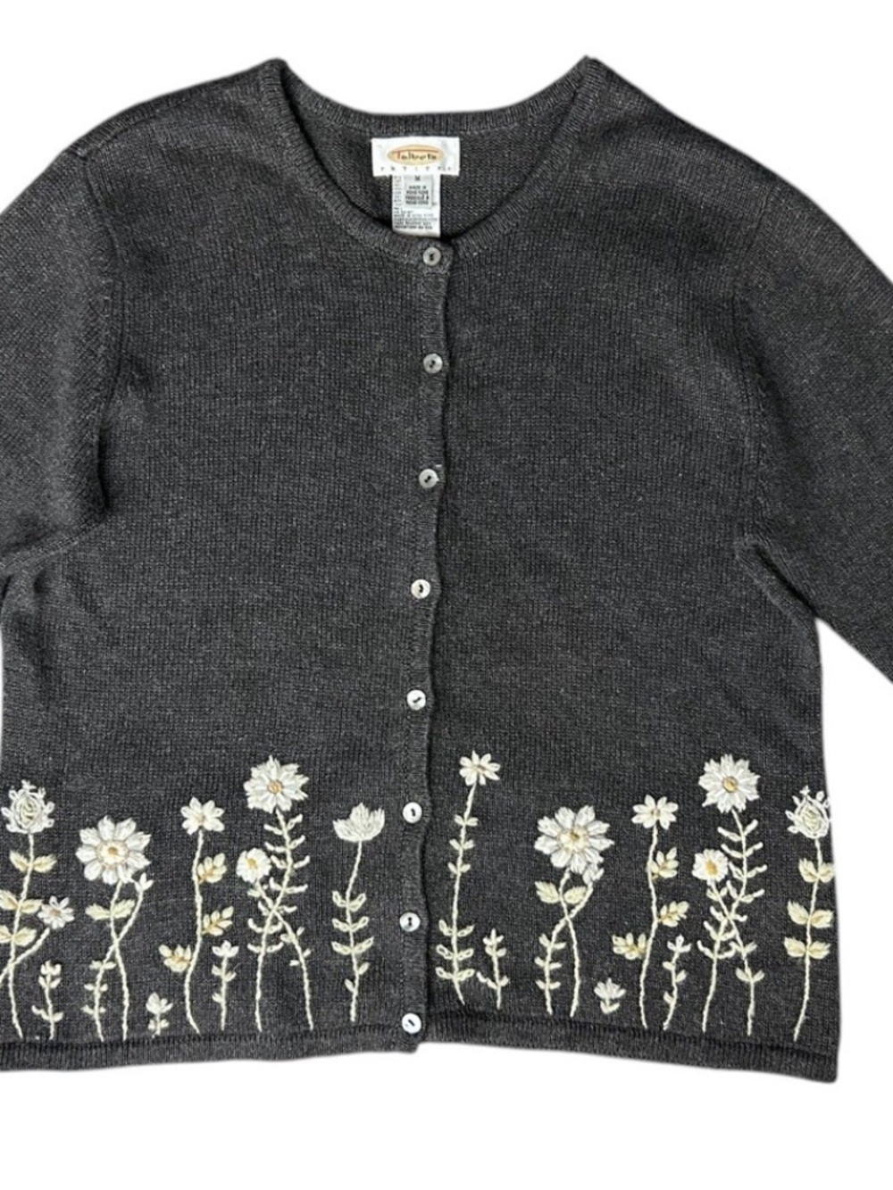 Vintage Talbots Gray Floral Knitted MOP Button Cardigan Petite MED GrandmaCore